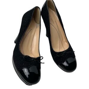 Kate Spade Marlena Black Patent Leather Tweed Cap Toe Platform Pumps